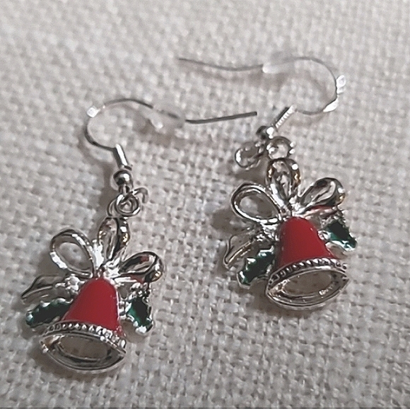 Christmas Bell Holiday Earrings  Red Green Enamel on Silver Ear Wires. NEW - Picture 1 of 7